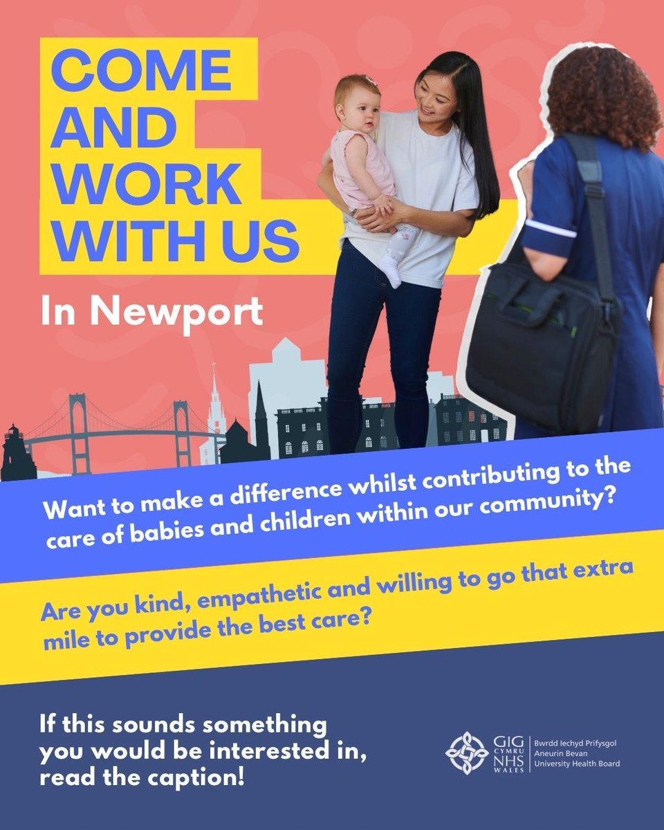 Come and work with us in #Newport! We currently have full time & part time vacancies for enthusiastic Health Visitors to join the Newport Health Visiting Team in @aneurinbevanuhb! Full details here 👉 buff.ly/3VTm0Ar @nhs_jobs @ABUHBjobs @RCNWales @cardiffuniscphn