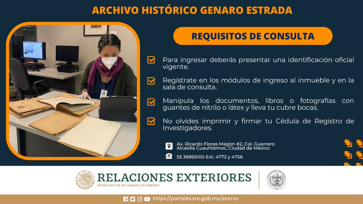 🔍✨ ¡Accede a los fondos históricos del @Acervo_SREmx siguiendo estos pasos! No olvides imprimir y firmar tu Cédula de Registro de Investigadores. ¡Descárgala aquí! goo.su/f335JTb Te esperamos de lunes a viernes a partir de las 9:00 Hrs. 📚🕵️‍♂️ #ArchivoHistórico