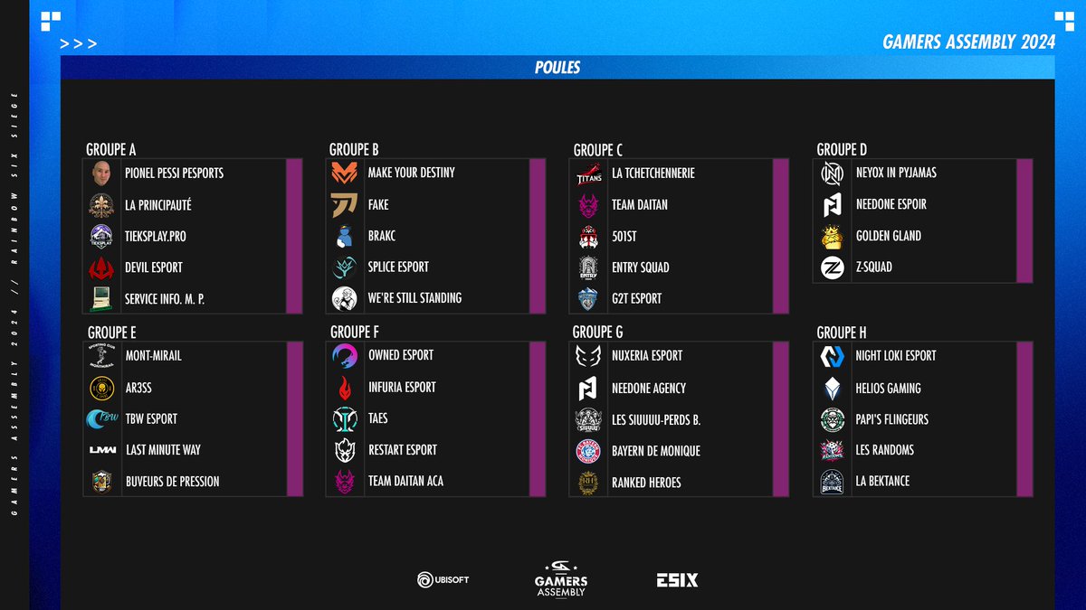 ESIX_FR's tweet image. Voici les huit groupes qui composeront l'édition 2024 de la @GamersAssembly ! Alors, quelles équipes vas-tu affronter ? 👀 #GA2024