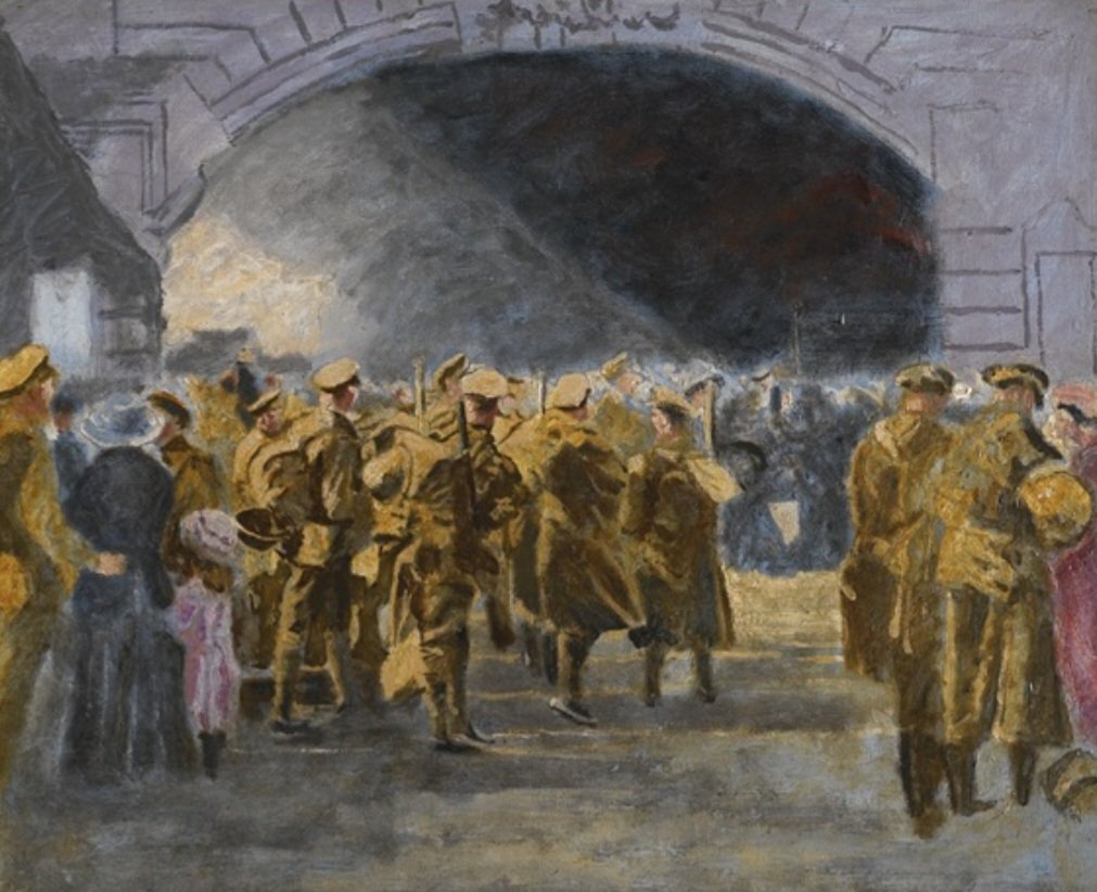 Inspired by a photograph by Francis Mortimer and painted in 1927, 'Troops Going to the Front, 1917,' is one of the very few works by Winston Churchill which has as its subject, soldiers in WW1 - it's amongst his most technically proficient paintings.