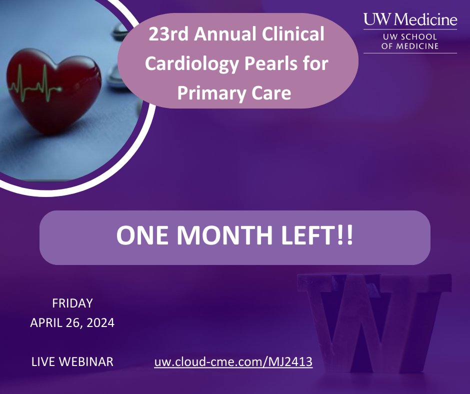 ONE MONTH AWAY! Join faculty at the Clinical Cardiology Pearls for Primary Care via Zoom Webinar. Go to uw.cloud-cme.com/MJ2413 for course info and to register. #cme #cardiac #primarycare @alec_moorman @ruchikapoor @UWCardiology @UWMedicine @UW_DGIM @uwfm @uwimrp @UWMedHeart