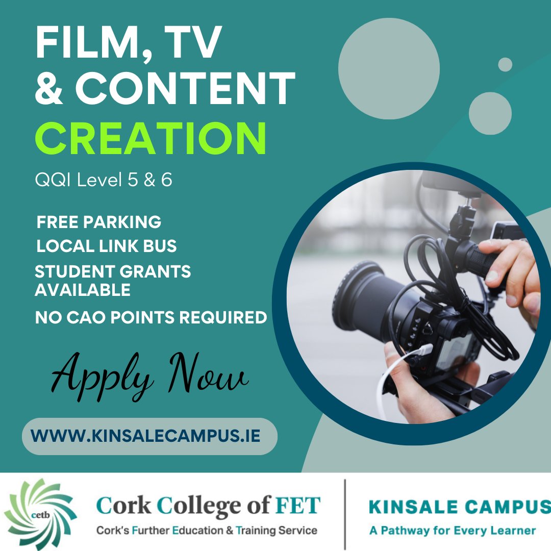 Apply now for Film,TV & Content Creation via kinsalecampus.ie #contentcreators #influencers #socialmedia #contentcreation #Kinsale #cork #cetb #ccfet #filmandtv
