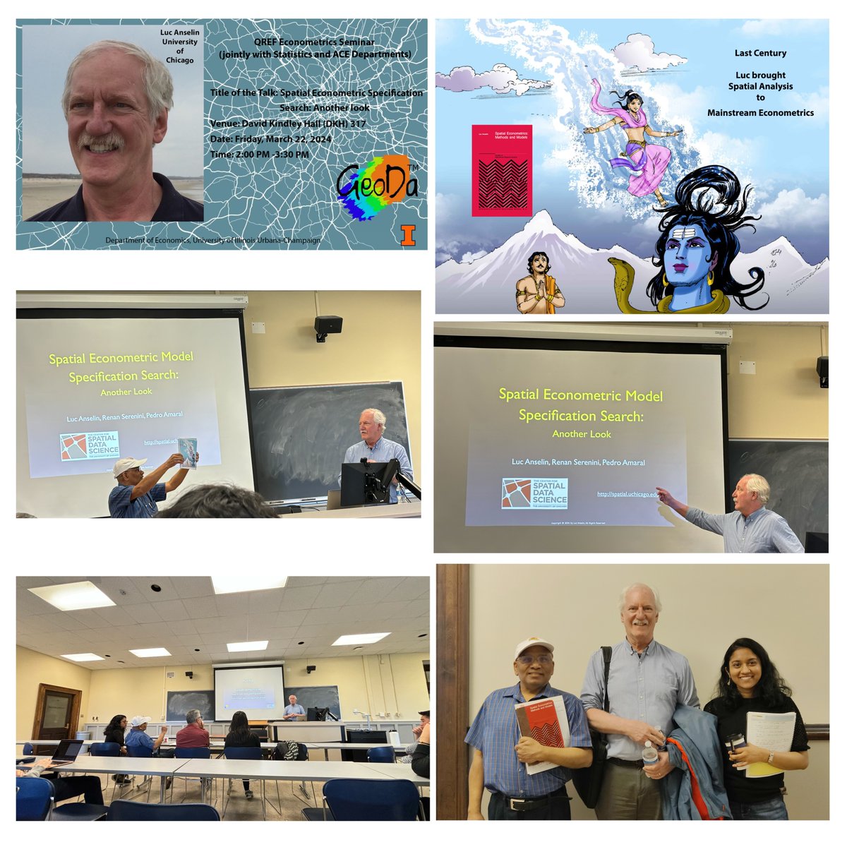 AnilBer75410115's tweet photo. Collage of an Econometrics Seminar: Luc Anselin was @UIUC  last week. Here I put together some photos in a collage.  I presented him to the audience  as the modern-day Lord Shiva who single-handedly brought Spatial Analysis to the mainstream Econometrics against all odds. @Koley https://t.co/4tDsmvTrYT