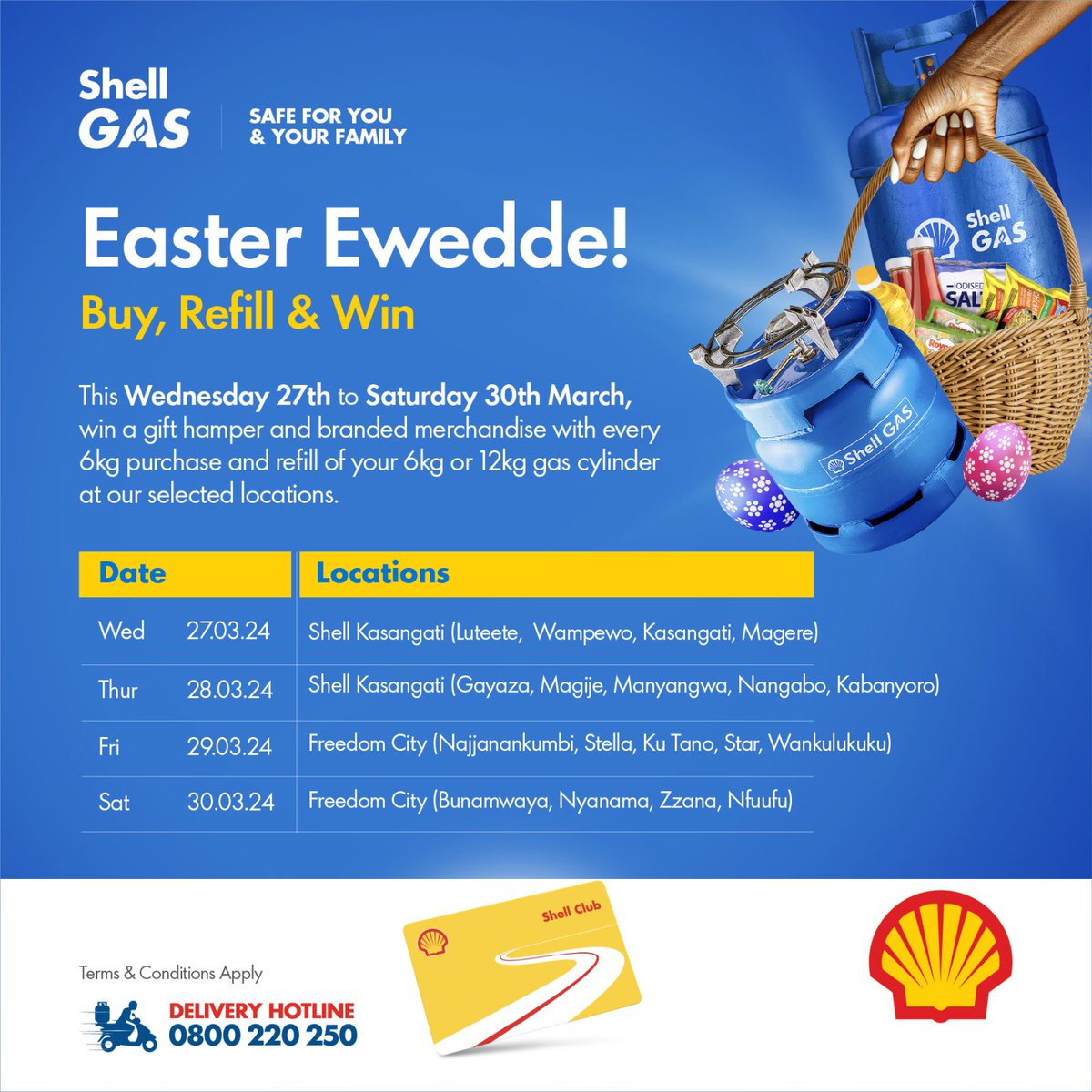 XfmUG's tweet photo. Celebrate your Easter with #ShellUganda 🐣🥳

Win gift hampers and branded merchandise courtesy of Shell with every 6k purchase or refill of your 6kg or 12kg gas cylinder at these locations below. 👇 https://t.co/n59FlKCJ0G