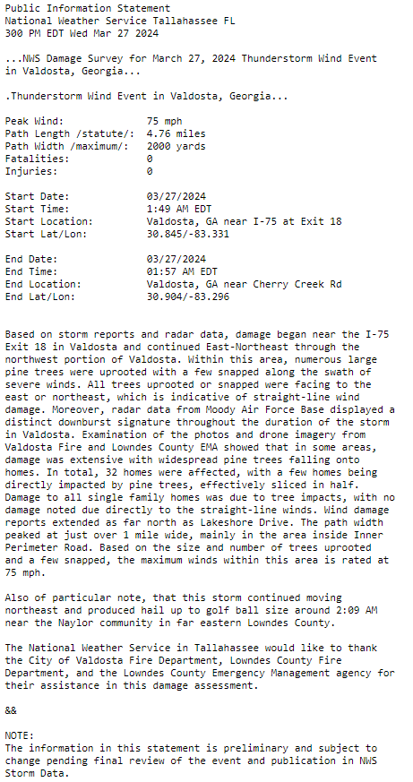 NWSTallahassee's tweet image. After reviewing damage with the support of the @CityofValdosta and Lowndes County Emergency Management, we have determined the extensive tree damage was caused from straight line winds estimated around 75 mph. 

#GAwx #Valdosta