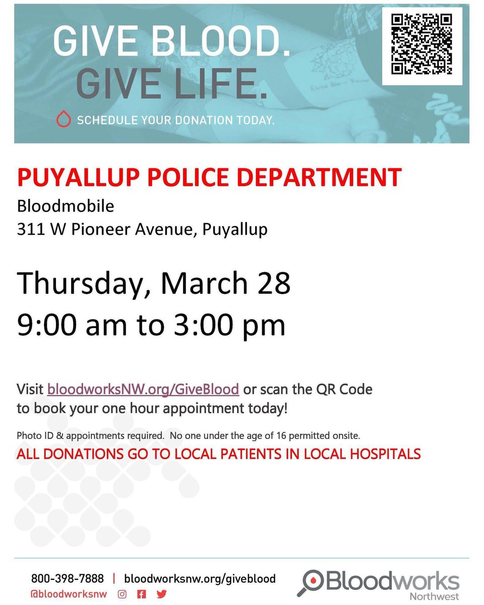 Spring into action – donate blood with @BloodworksNW tomorrow, March 28th at Puyallup PD! Book your appointment today at bloodworksNW.org/GiveBlood 

Give Blood. Save Life. 🩸

#PuyallupPD #DonateBlood
