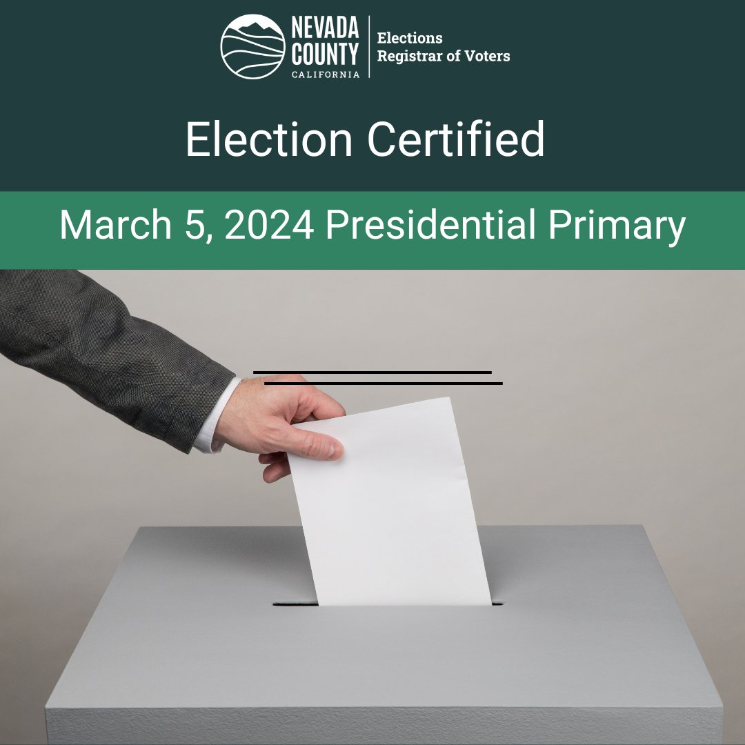 Registrar of Voters Natalie Adona has certified the final results of the March 5, 2024 Presidential Primary Election. nevadacountyca.gov/CivicAlerts.as…