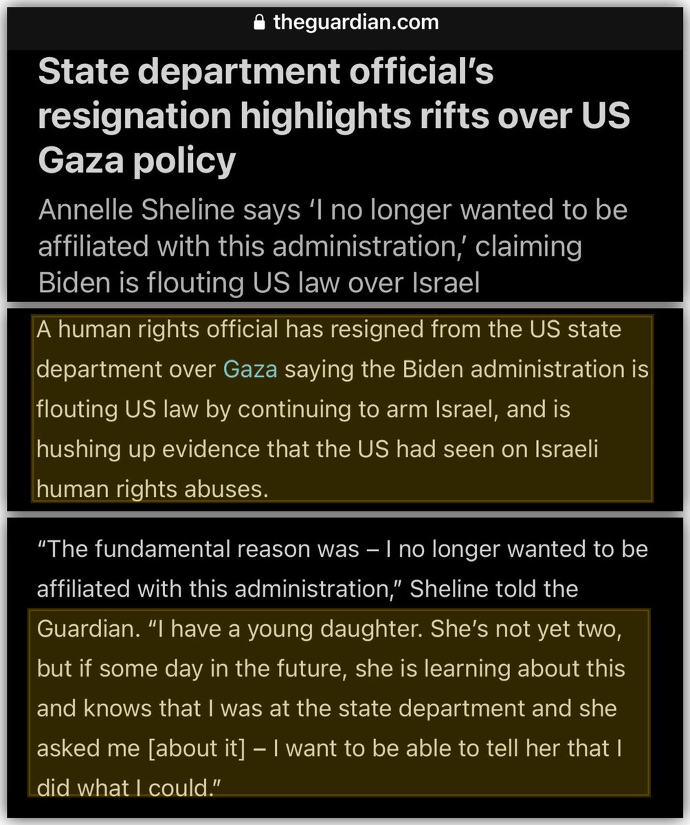 State Dept official resigns “over Gaza saying the Biden administration is flouting US law by continuing to arm Israel, and is hushing up evidence that the US had seen on Israeli human rights abuses”. In particular, she says the Biden Admin is in violation of the Leahy Act.