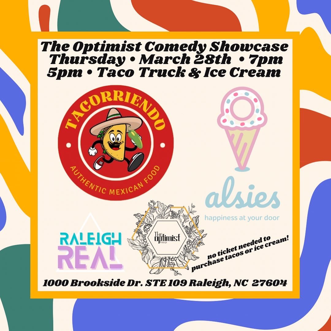 RaleighRealTalk's tweet photo. ⚡️Spring edition of #TheOptimistComedyShowcase is upon us! Hilarious line-up, taco truck, ice cream + drinks &amp; snacks at the bar. 
⚡️Thursday March 28th 
📍1000 Brookside Dr.
5pm food trucks open!🌮🍦
7pm CoMeDy starts!🤣😆
$10 at the door or online;
🎟️ https://t.co/eoA6HESmpp 🎟️ https://t.co/B8UsgBg5Bz