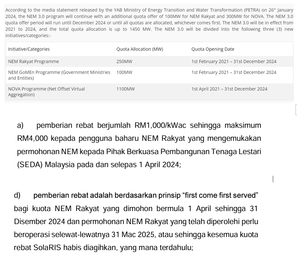 mcitraningrum's tweet photo. Kadang suka diprotes kalo membandingkan kondisi energi #Indonesia dengan negara utara (yang udah wow), tapi coba kita cek negara tetangga sebelah :)
Program #PLTSatap di Malaysia:
✅Ada kuota (up to 500 MW/tahun)
✅Nilai ekspor kelebihan listrik ke jaringan dihargai 1:1 (sama dengan TDL)
✅Ada insentif baru (rebate) RM1,000/kWac (Rp 3,3 juta) - maks RM 4,000 untuk pengguna baru
Total kapasitas PLTS (atap dan nggak): 2.165 MW (2023)
Program #PLTSatap di Indonesia:
✅Baru diatur soal kuota (masih dihitung, tunggu April-Mei)
✅Nggak ada lagi ekspor listrik (kelebihan listrik ke jaringan dihargai 0)
✅Nggak ada insentif
Total kapasitas PLTS (atap dan nggak): 573,8 MW (2023)