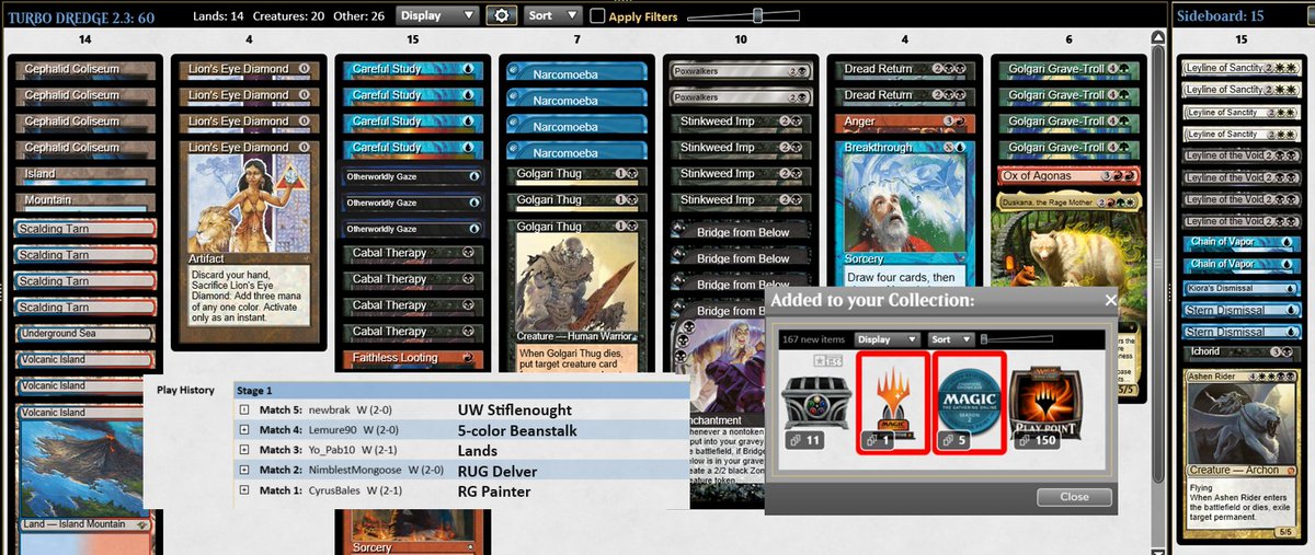 🏆🏆 3 Leagues, 2 Trophies! I'm still rocking my trusty and fun Turbo Dredge with a 72% win rate after 100 matches. This deck is 🔥! The turbo strategy ensured wins against Painter and Lands, traditionally challenging matchups for Dredge, but now more evenly balanced! #MTGLegacy