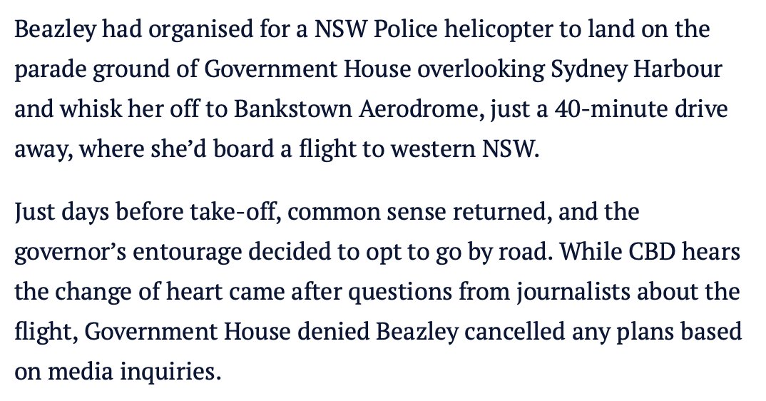 The choppergate scandal that might have been: @kishor_nr with the scoop on aborted plans for the NSW governor to take a police helicopter to Western Sydney. smh.com.au/cbd/failure-to…