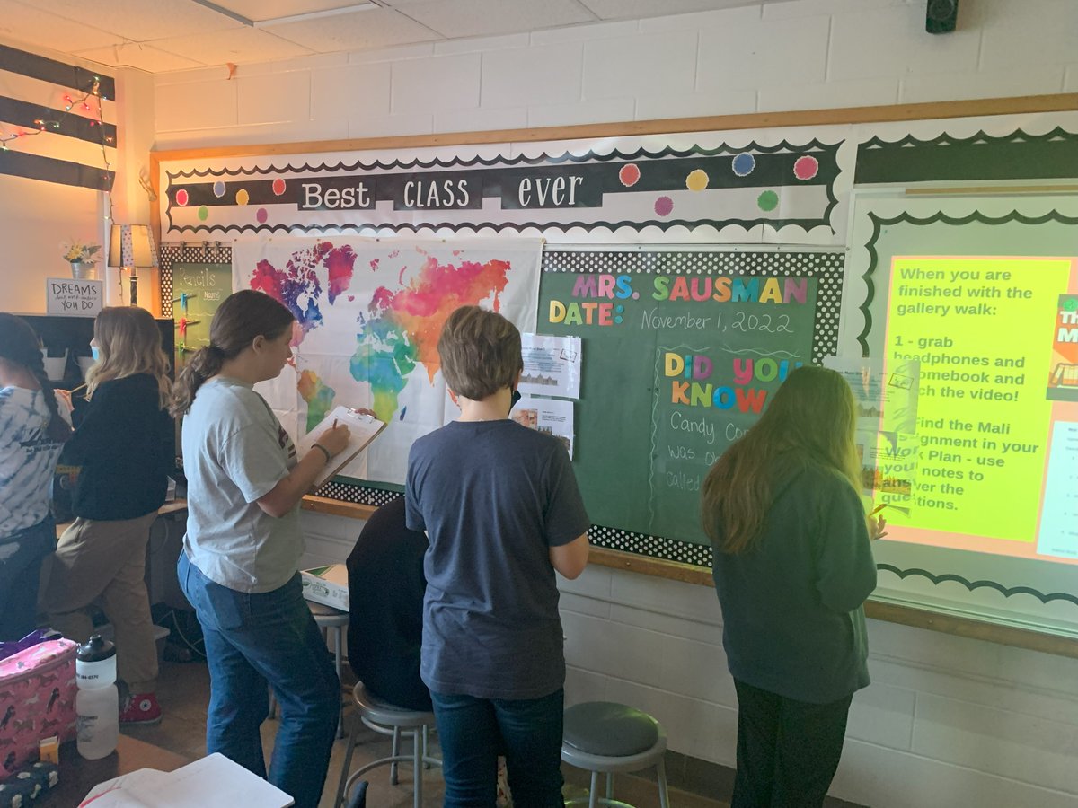 Looking for a way to get Ss engaged with text through movement? Try a Gallery Walk using a collection of artifacts (pictures, infographics, art, student work, etc.) and have ss move around the room to examine & respond through conversation or writing. #adlit