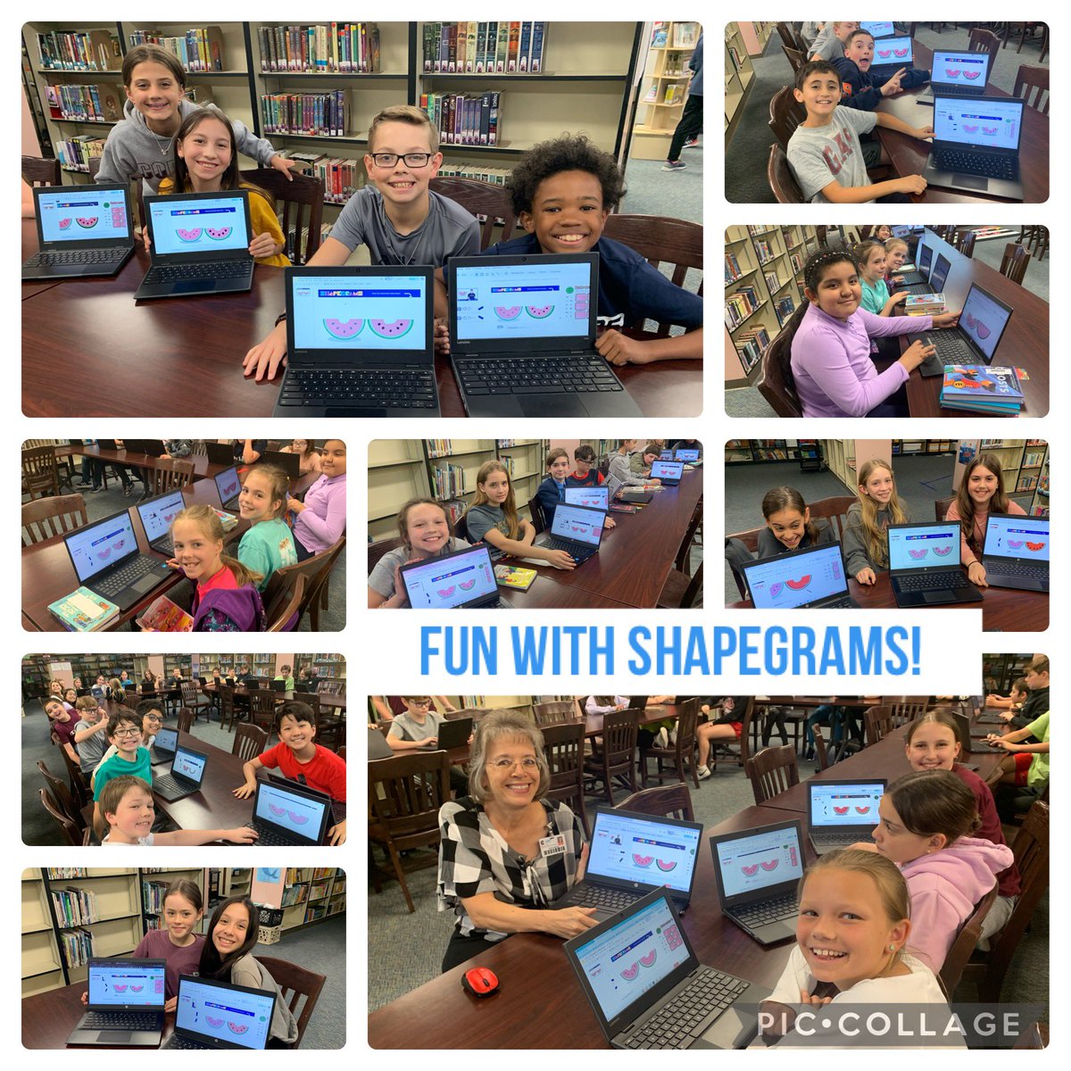 Can’t let 6th grade Sts have all the fun! These #5thgrade @CollinsCobras had fun w/ #Shapegrams to improve #GoogleSlides skills! @tonyvincent has done a great job creating drawing challenges to teach Sts! ✅for #library! #growthmindset #CriticalThinking #digitalliteracy #fun