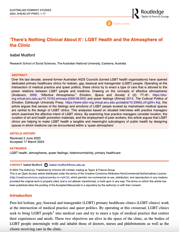 My first academic article - 'There's nothing clinical about it': LGBT health and the atmosphere of the clinic is available now published by @AFSJournal www-tandfonline-com.virtual.anu.edu.au/doi/full/10.10… @ANUcass @GenderANU @ANU_SOCY