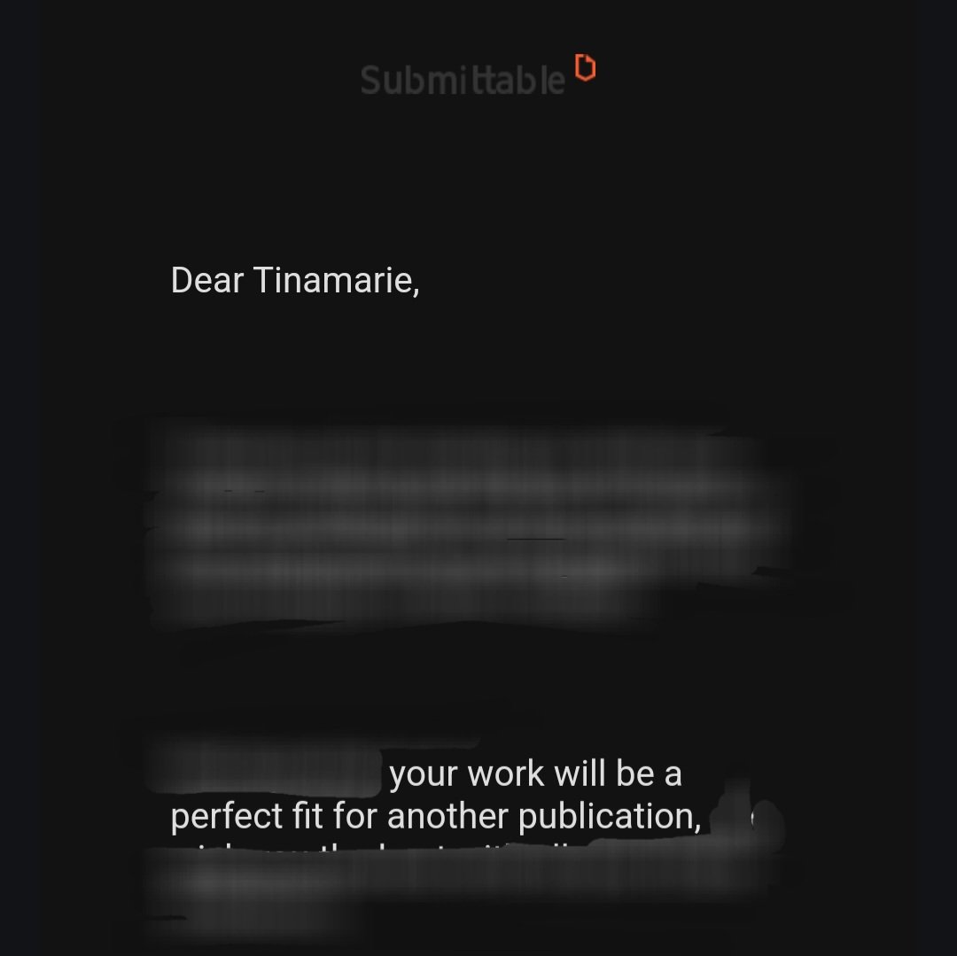 tinamarie_cox's tweet photo. The new batch! #erasurerejections
For every #acceptance I've gotten this year, there's been like 5 #rejections I know we're only 3 months into 2024, but gosh darn golly gee! I did end it on a high note, so... 🤷♀️
#erasure #erasurepoems #erasurepoetry #rejectionletter https://t.co/GPiGtSVLwf