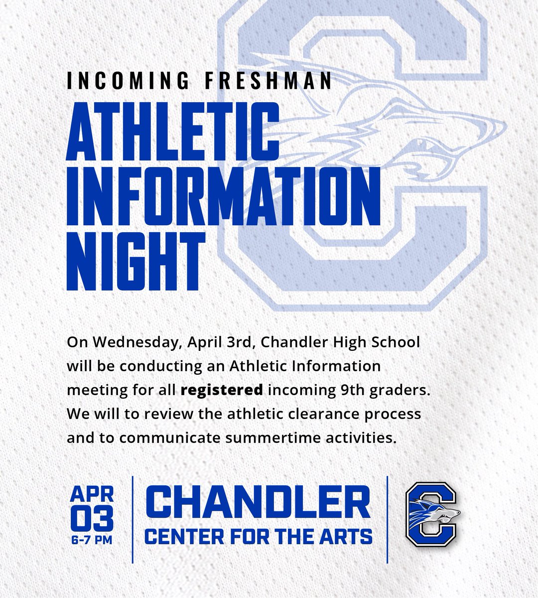 Incoming Freshman Athletic Information Night! 🔹6-7pm 🔹Wednesday, April 3rd 🔹Chandler Center for the Arts See you there! 🐺🏈