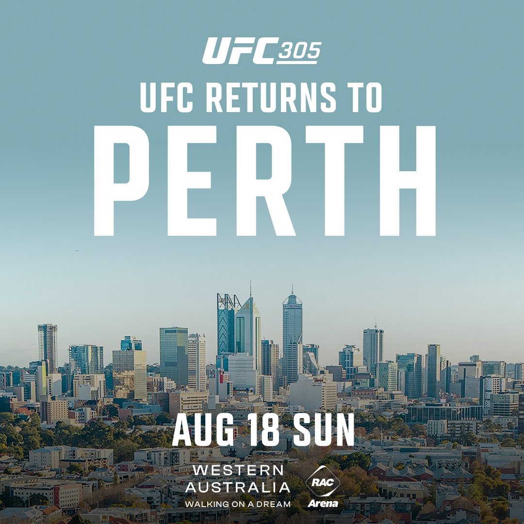 We're going back down under! #UFC305 is headed to Perth! 🇦🇺

Find out more info here: UFC.com/Perth 

@WestAustralia | #WAtheDreamState