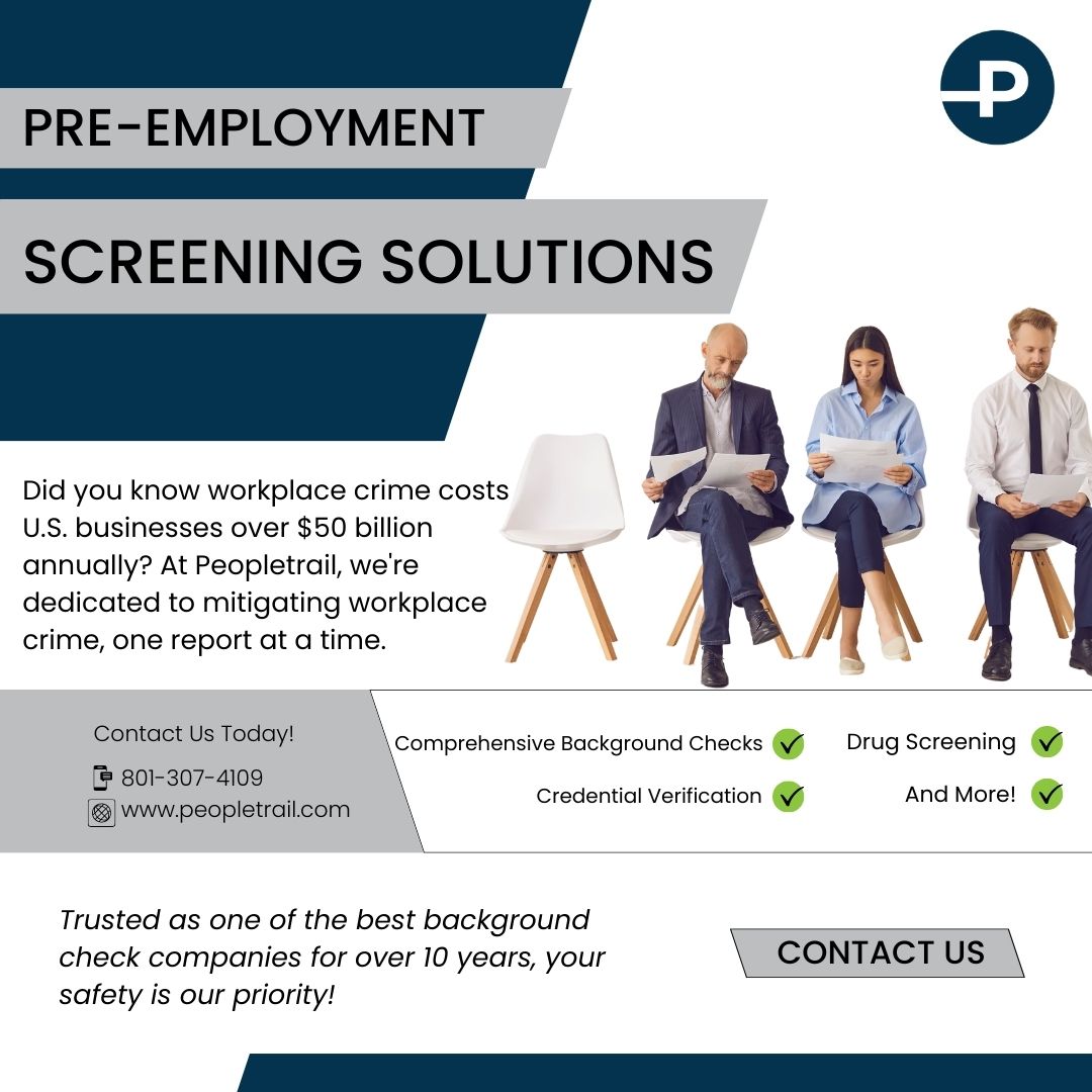 Did you know #workplacecrime costs U.S. businesses over $50B annually, leaving 20,000 workers injured? Ensure your business's safety with our Pre-Employment Screening solutions! What We Offer: ✔️ Comprehensive Background Checks ✔️ Drug Screening ✔️ Credential Verification