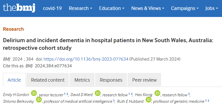 Landmark study by the AFN/@UQ_News/@Macquarie_Uni links delirium and dementia. Our analysis of over 600k patients in NSW reveals patients with delirium had a 39% higher risk of death and 3x the risk of dementia. @DrEHGordon @David_D_Ward @ProfREHubbard shorturl.at/aitA9