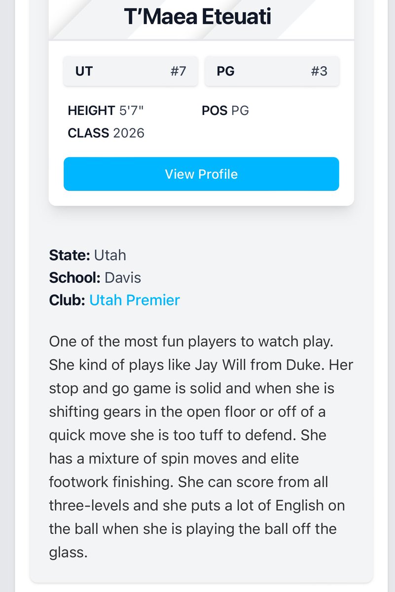 T’Maea Eteuati (@t_eteuati) on Twitter photo PGH UTAH write up
<a href="/PGHUtah/">Prep Girls Hoops Utah</a> <a href="/MtnWestPremier/">Mountain West Premier</a>
#basketball #girlsbasketball #EYBL PGH UTAH write up
<a href="/PGHUtah/">Prep Girls Hoops Utah</a> <a href="/MtnWestPremier/">Mountain West Premier</a>
#basketball #girlsbasketball #EYBL