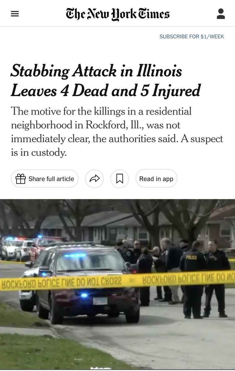 PurebloodBadass's tweet photo. knife kills 4 and leaves 5 injured. mostly peaceful stabbing. Motives are unclear and a “suspect” is in custody. Must be a Mega MAGA white supremacist. Definitely not a trans, illegal, muslim, black, democrat or all or some of the above #KnifeControlNow https://t.co/acNFf77r2I