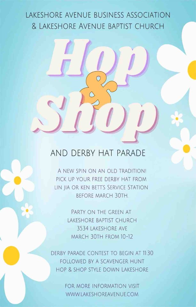 Join the Derby Hat Parade with the Lakeshore Avenue Business Association and Lakeshore Avenue Baptist Church at the Hop & Shop on Saturday, March 30 from 10am-12pm. Bring your family for a scavenger hunt and hat derby contest.