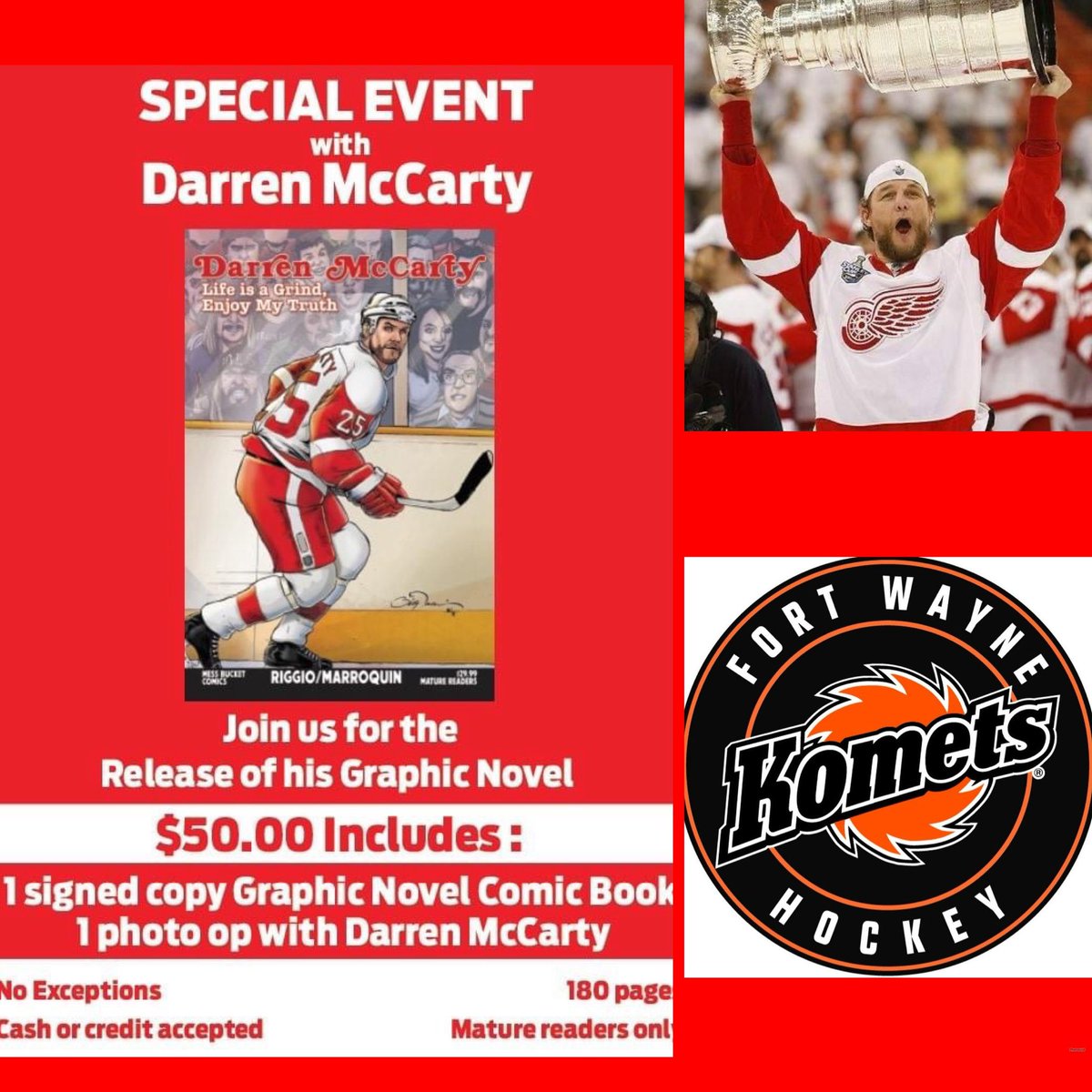 Come see us this Friday 3/29/24 and get your picture and signed copy of the 4 time Stanley Cup Champion @DarrenMcCarty4 at the @FWKomets home game starting at 8 PM! #messbucketcomics #fortwayneindiana #fortwayne #indiana #fortwaynekomets #darrenmccarty