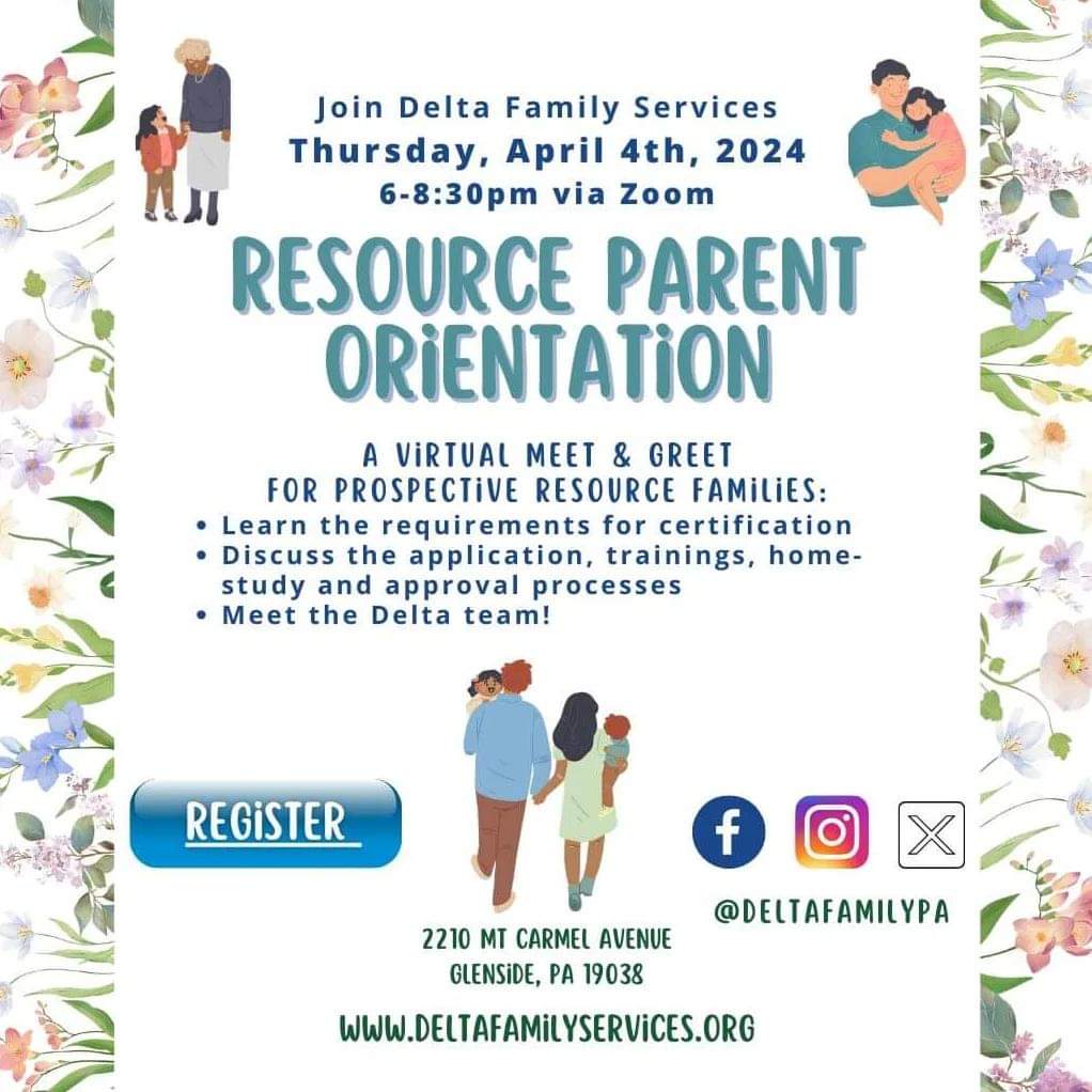 🗓️ Thurs, April 4th, 2024 @ 6pm
Join the <a href="/deltafamilypa/">Delta Family Services LLC</a> team at our no-obligation virtual Resource (Foster) Parent Orientation!

📞 Call 215-887-6300 for more info &amp; to RSVP
#April #fostercare #Pennsylvania  #montcopaevents #fosteringphilly
#DeltaCommunity #DeltaFamilyPA