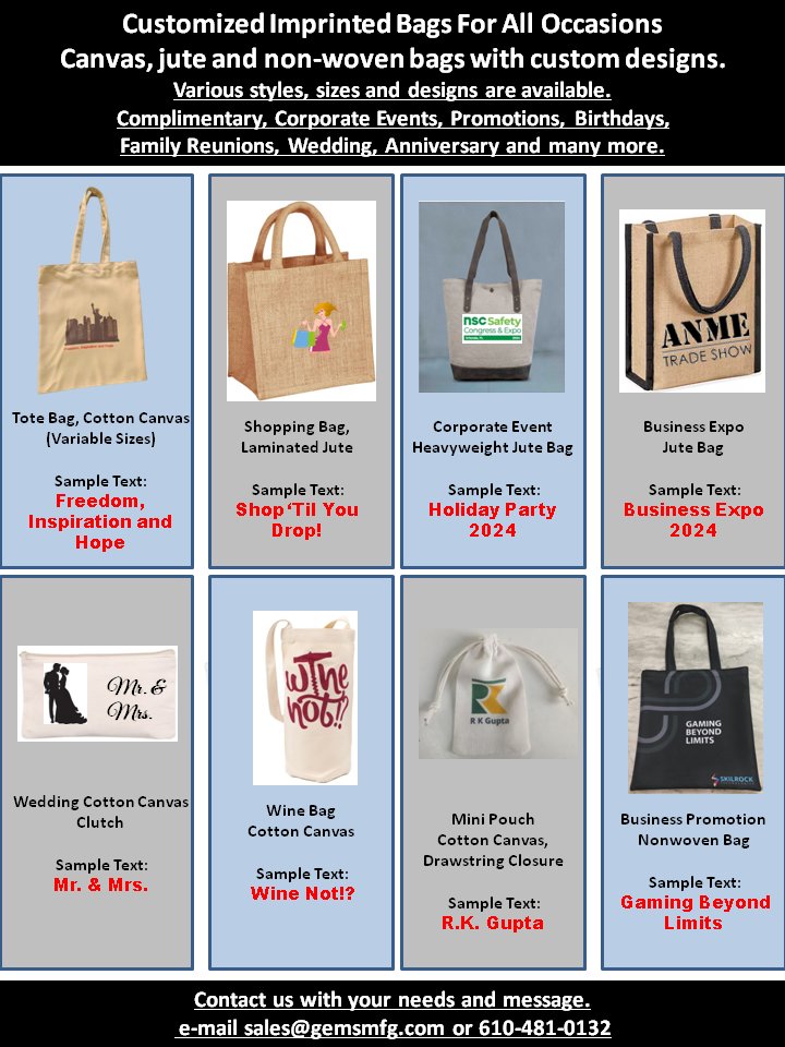 GemsSafetyUSA's tweet photo. For all occasions!
 
 #bag #custom #promotion #events #businesspromotion #wedding #tote #travel #party #gift #embroidery #digitalprinting #screenprinting https://t.co/jhn5s92EAI