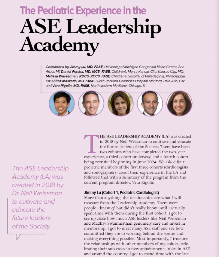 The ASE Leadership Academy was created in 2018 by Dr. Neil Weissman to cultivate and educate the future leaders of the Society. Read our #EchoMagazine article, 'The Pediatric Experience in the ASE Leadership Academy!' bit.ly/4awSwwg