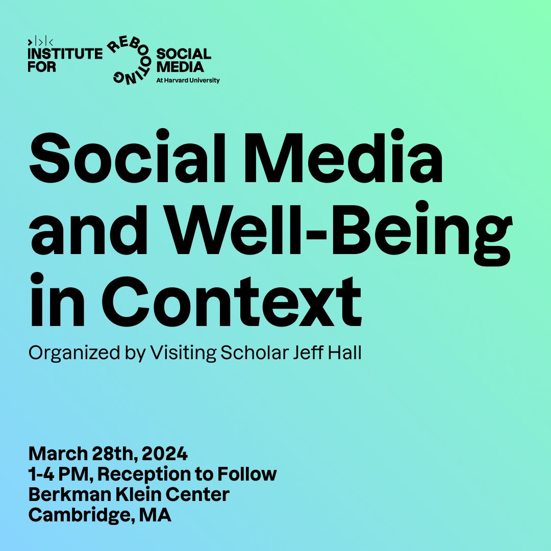 TOMORROW @BKCHarvard! RSM Visiting Scholar Jeff Hall hosts a series of panel discussions exploring what roles social, geographic, and developmental contexts may play in a person’s social media use and well-being. Don't miss out! rebootingsocialmedia.org/events/social-…