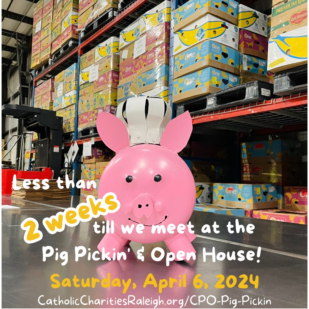 Can't wait to see you at the Catholic Parish Outreach Pig Pickin' &amp; Open House! Delicious food, great music, raffle prizes, and a bake sale too! $12/pre-sale tickets!

More info at
CatholicCharitiesRaleigh.org/cpo-pig-pickin

#RaleighFundraiser
#CatholicParishOutreach
#CatholicCharitiesRaleigh