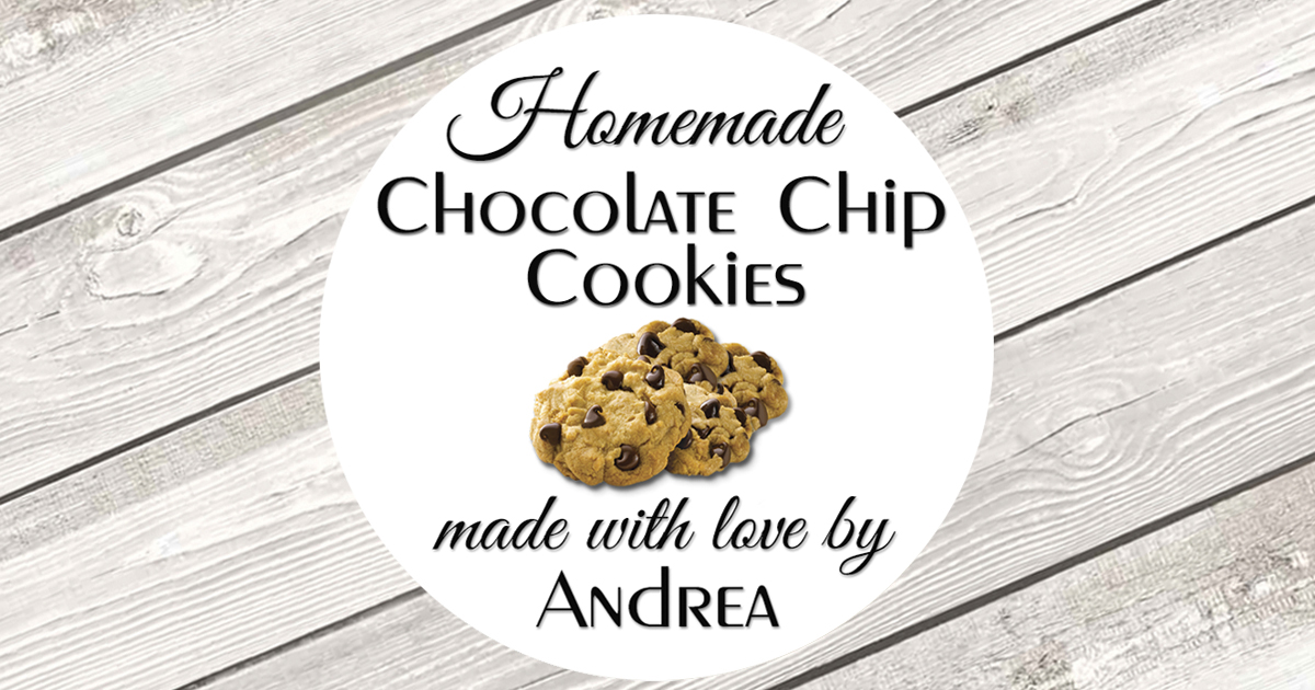 Our personalized chocolate chip cookie labels will add that special touch to your baked goods baked at home or in your bakery. Shop Now!! etsy.me/4avuMbF #chocolatechipcookielabels #cookielabels #bakeryboxlabels