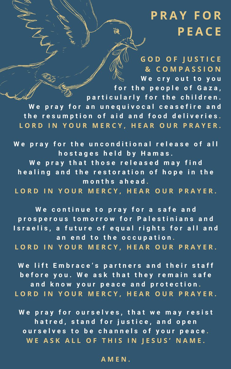 A reminder that after the Maundy Thursday service (7:30pm) tomorrow the church is open for a prayer vigil through until midnight.
We will have an area to focus prayers for peace in Gaza and throughout the world using resources from Embrace the Middle East.