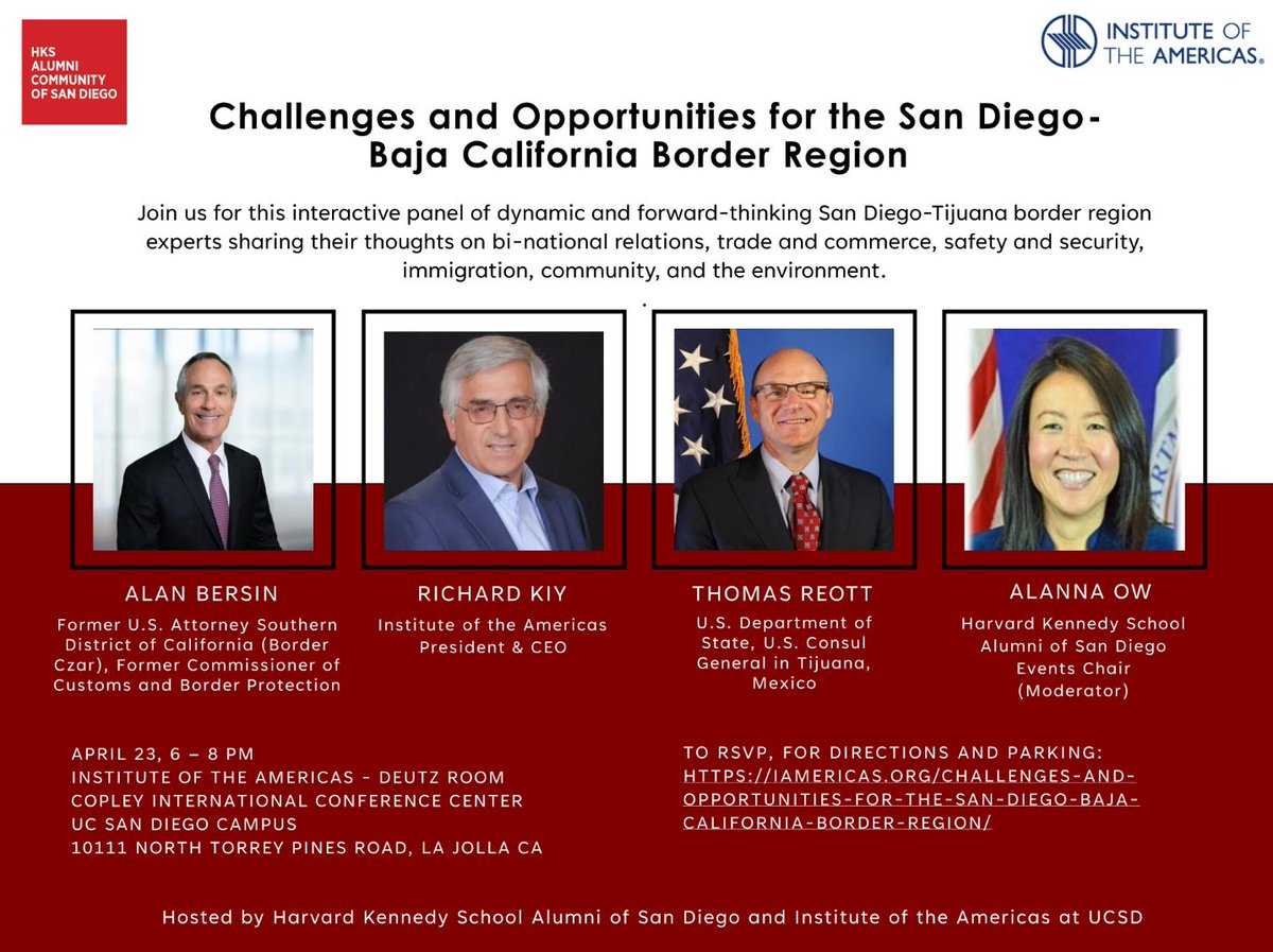 We are delighted to partner with the Harvard Kennedy School Alumni Community of San Diego for a discussion 'Challenges and Opportunities for the San Diego-Baja California Border Region'. ➡️Details & registration: bit.ly/3xa77PQ #Immigration #commerce #environment