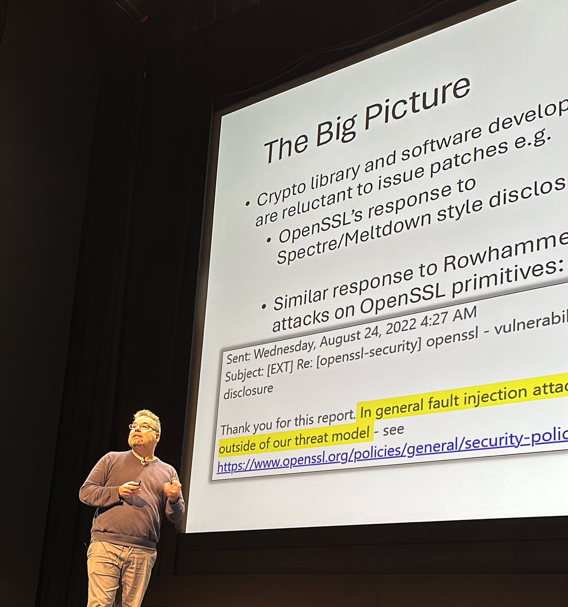 Berk Sunar exploring side channels in his talk “LLMs can do it better:  Patching Code for Side-Channel Leakages”