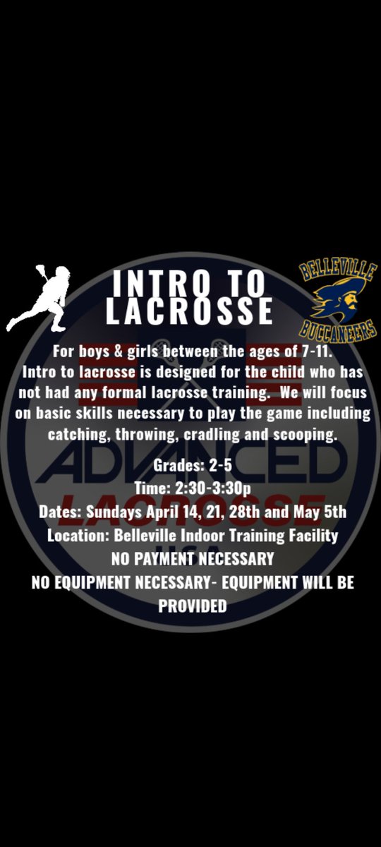 LAX comes to Belleville! @belleville_ps newest venture...Be a part of the start. Fastest game on two feet....free clinics for B/G grades 2-5 are filling up...register here: advancedlacrosseusa.sportngin.com/register/form/…. @belleville_bucs