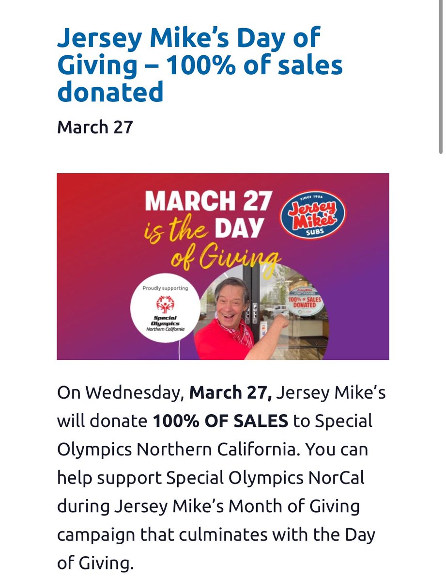 Join us in supporting a great cause today! Come grab a delicious sub from Jersey Mike's to support the Special Olympics. Every bite counts toward empowering Special Olympics athletes to unleash their full potential! Let's come together and make a difference one sandwich at a time