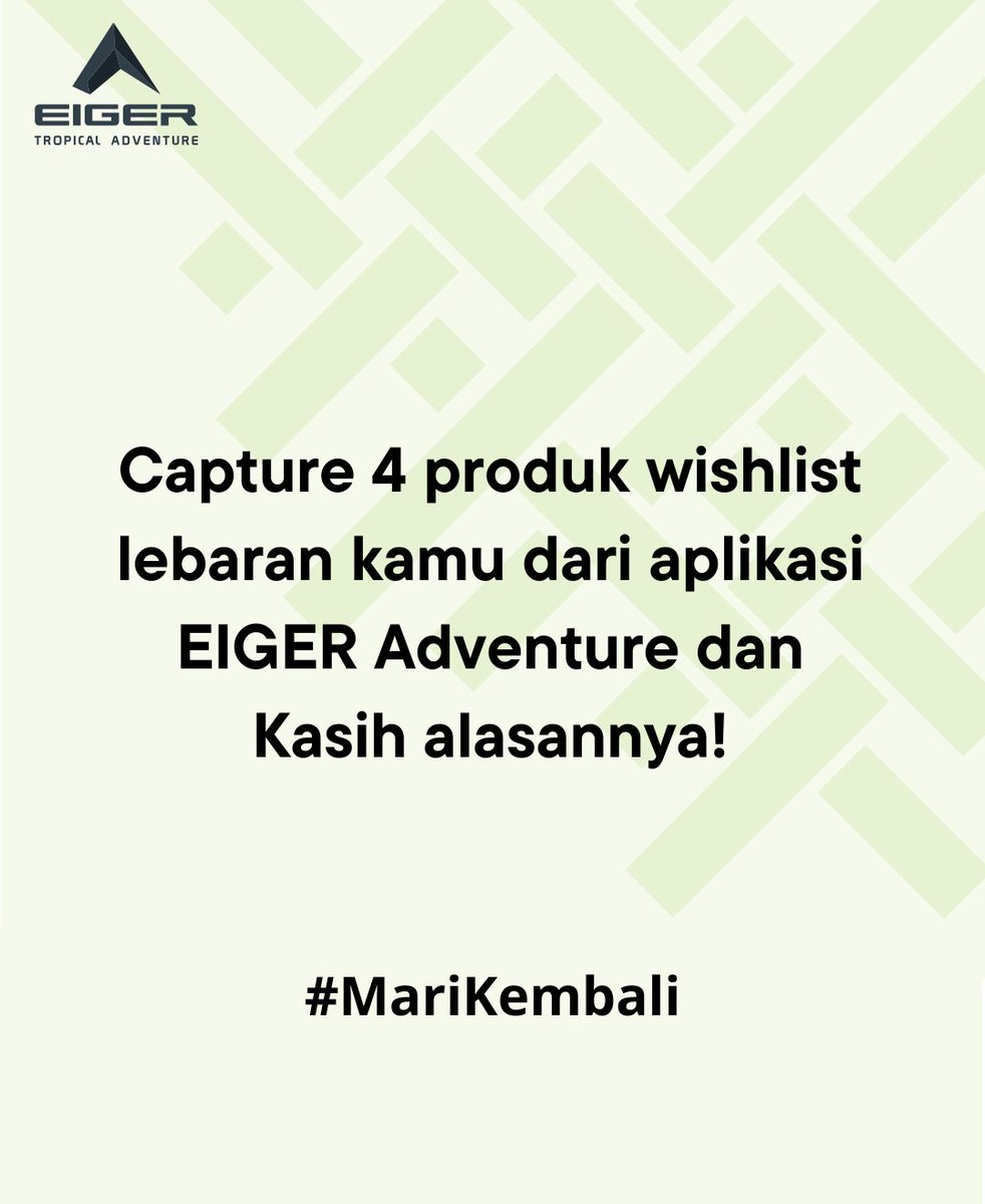 #MariKembali Bersama EIGER Giveaway! Hari ini ada voucher 300K untuk 2 orang!

Download dulu aplikasinya dilink ini eigeradventure.onelink.me/Frj9/liq2wm7w

Jangan lupa untuk
- Follow
- Like &amp; retweet tweet ini
- Capture dan kasih alasan di reply + #EIGERMariKembali

Periode 28-29/03/2024