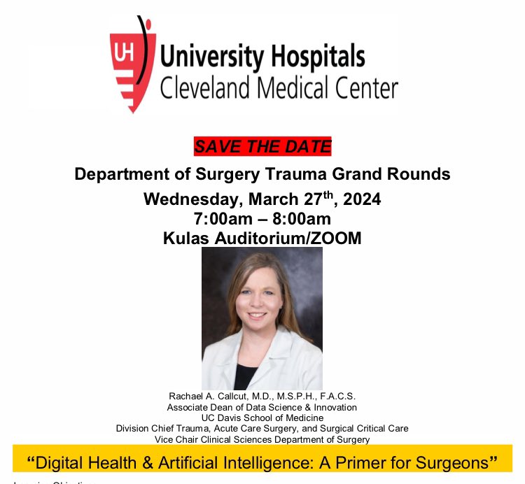 Fantastic Trauma Grand Rounds with the one and only @callcura at @SurgeryUH @CWRUSOM today! So much opportunity for thoughtful application of AI to help us in day-to-day clinical work. @UHSurgeryRes @DrKenRemy1