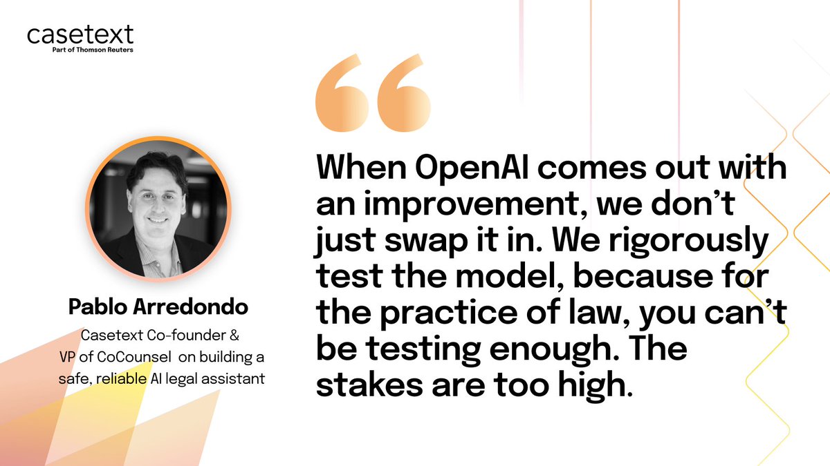 ICYMI: Casetext co-founder &amp; VP of CoCounsel at <a href="/thomsonreuters/">Thomson Reuters</a> Pablo Arredondo spoke with The Cognitive Revolution podcast about the process of building CoCounsel, security and privacy in generative AI tools for lawyers, and more.

cognitiverevolution.ai/ai-and-the-pra…

#LegalTech #GenAI