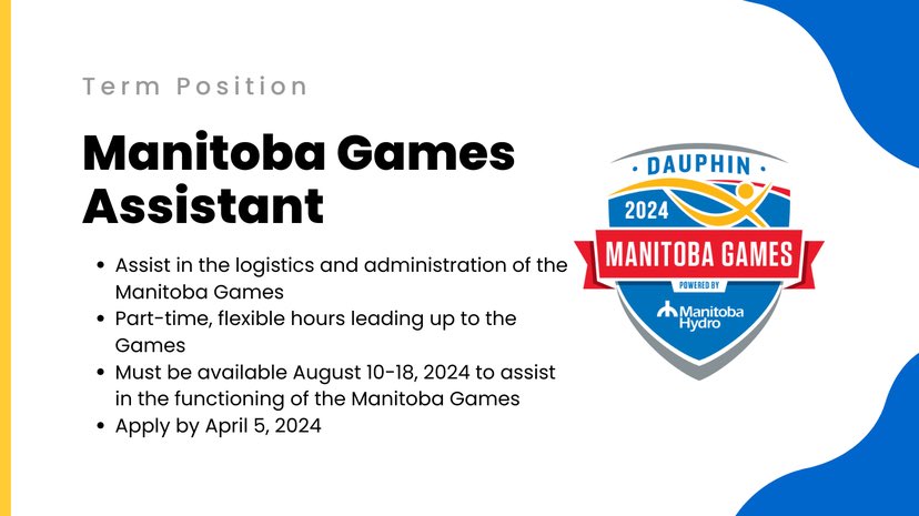Job alert!

We're looking for someone new to the sports system to be a Manitoba Games Assistant for a 4-month term (May to August 2024). The assistant will help with the logistics and planning of the Dauphin <a href="/ManitobaGames/">Manitoba Games</a>!

Apply before Apr. 5 ⬇️
bit.ly/3ITIn0K