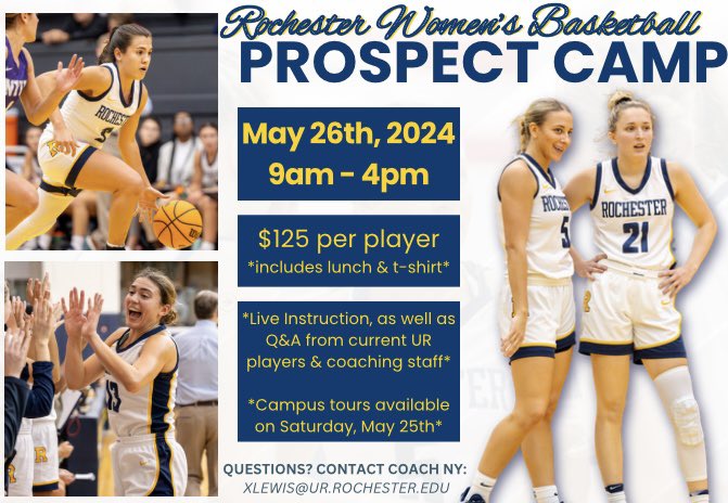 Want to see what it is like to be a women’s basketball player at U of R? Come to our Prospect Camp! You will have the opportunity to: ☑️ Play in the Palestra ☑️ Be coached by our staff ☑️ Tour our beautiful campus ☑️ Meet & members of our team! 🔗 URWbasketballcamp.com!