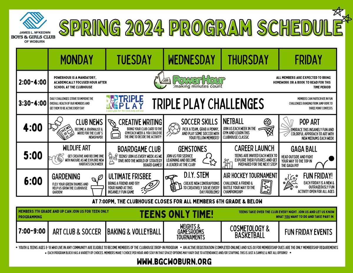 Next week the Clubhouse is starting the new Spring schedule. We're hoping it brings the sun and some warmer weather with it. Check it out all the great things happening at bgcwoburn.org - including how to become a member!