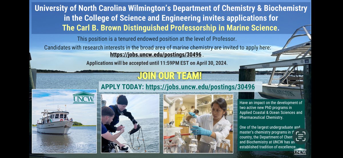 Please help spread the word! The UNCW chemistry department is hiring an endowed distinguished full professor of marine science: jobs.uncw.edu/postings/30496. Any aspect of marine related chemistry is encouraged! Happy to answer questions.