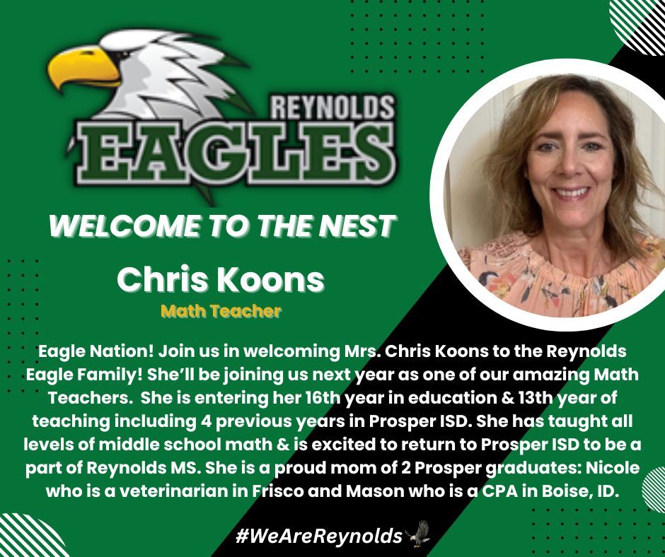 Hey, Eagles! Join us for another episode of #WelcomeWednesday! We are thrilled to announce the hire of Mrs. Chris Koons for the '24-25 School Year as another amazing Math Teacher! Next year is shaping up to be the best year EVER! #WelcomeToOurHouse #WelcomeHome #WeAreReynolds🦅