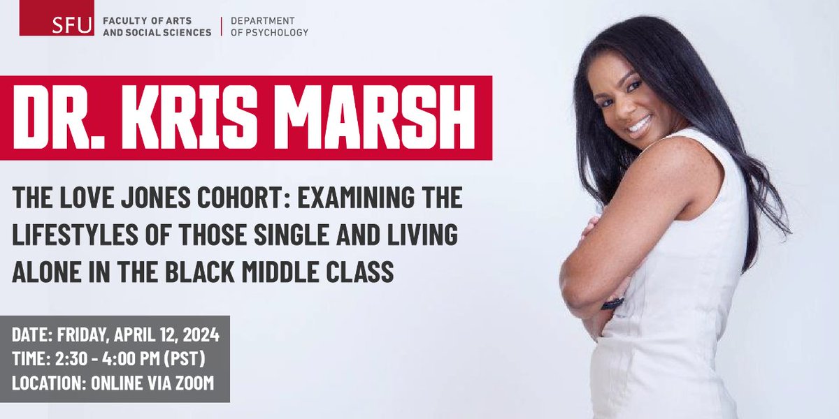 Our event with Dr. Kris Marsh has been rescheduled to April 12! Drawing from stratification economics, intersectionality, and respectability politics, The Love Jones Cohort centers on the voices of the Black middle class who are single and living alone: shorturl.at/evyJT