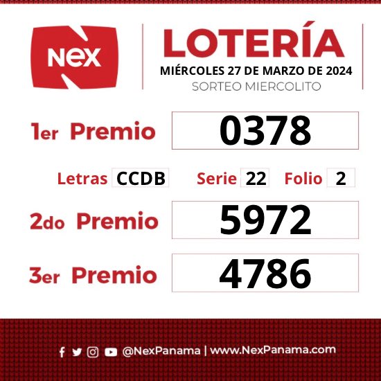 Resultado oficial del Sorteo Miercolito, 27 de marzo de 2024. #nexpanama #nex