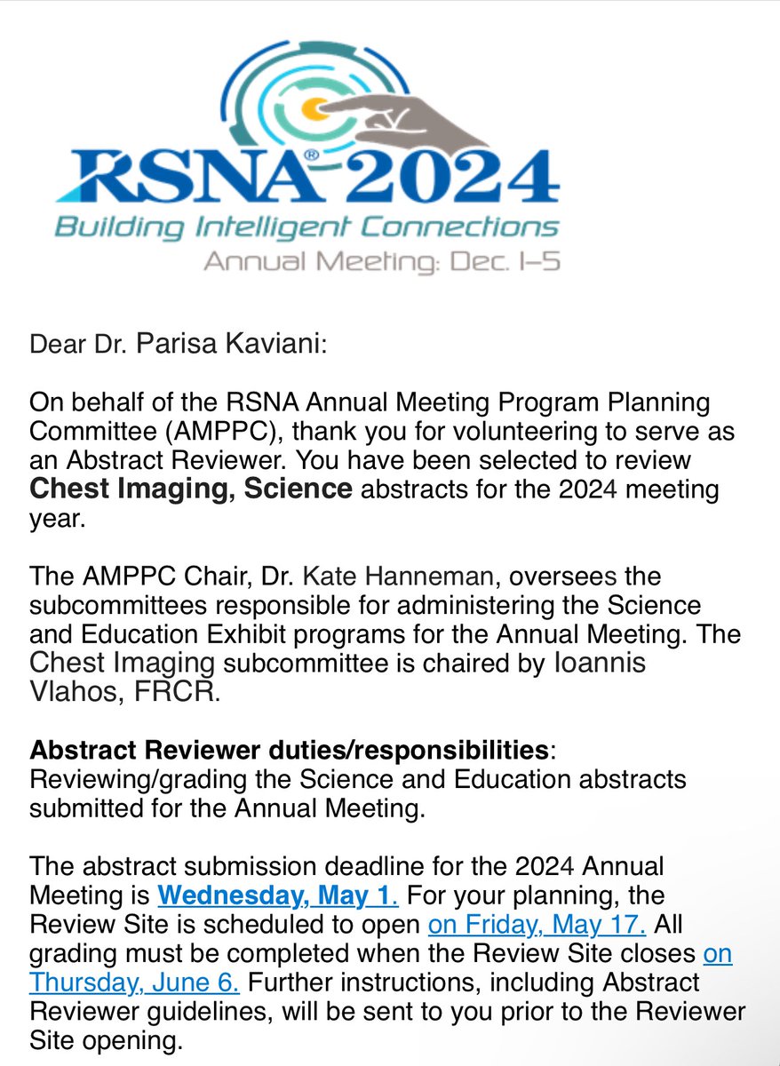 Thank you, @RSNA, for selecting me as an abstract reviewer for the scientific abstracts in chest imaging at #RSNA24.

#RSNA
#Radres
#radiology